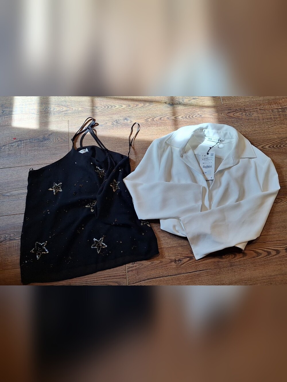 Free People Black Star Sequin Camisole with Zara White Cropped Blouse ☆SizeXS/S☆